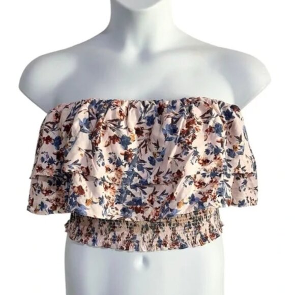 1. State Pink Floral Print Smocked Ruffled Strapless Top Women’s Size Large - Picture 1 of 6